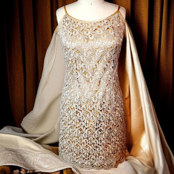 Gold Lace Overlay sheath silhouette Cocktail Dress - Picture 1 of 4